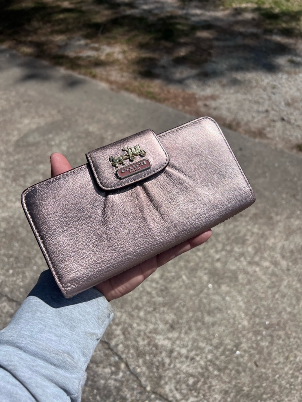 Metallic rose gold Coach Accordian Wallet